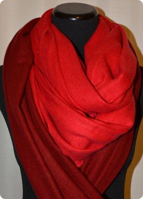  Crimson (#tmt-25) compared with  Jester Red (#Tmt-242D) medium size 100% pashmina twill shawl with tassels