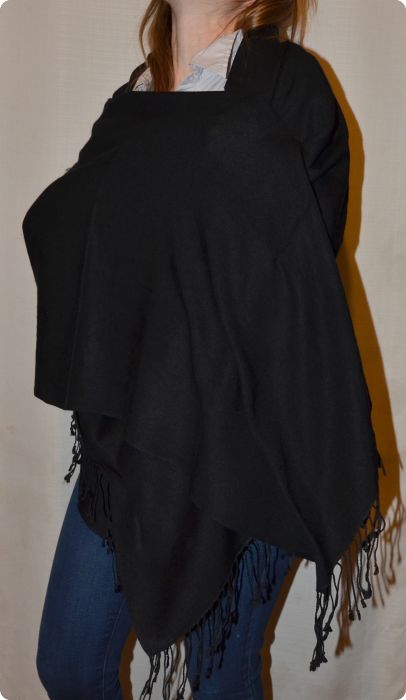 Empar is wearing a fullsize Ama Dablam shawl in Black (#ADft-BL)