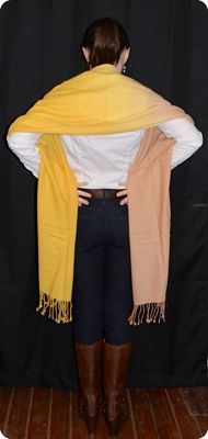 Sunrise Pashmina Medium mustard yellow and sand (thread color #164) narrow-to-narrow ombre, standard 3-inch fringe