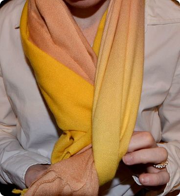 Sunrise Pashmina Medium mustard yellow and sand (thread color #164) narrow-to-narrow ombre, standard 3-inch fringe