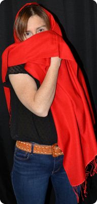 Empar is wearing a medium size Ama Dablam shawl in Scarlet  (#ADmt-024) 