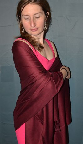 Empar is wearing a  100%  pure natural hand-woven Nepalese silk  Imja Tse shawl in port