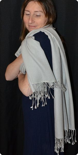 Empar is wearing a fullsize Ama Dablam shawl in Silver  (#ADft-032LL)